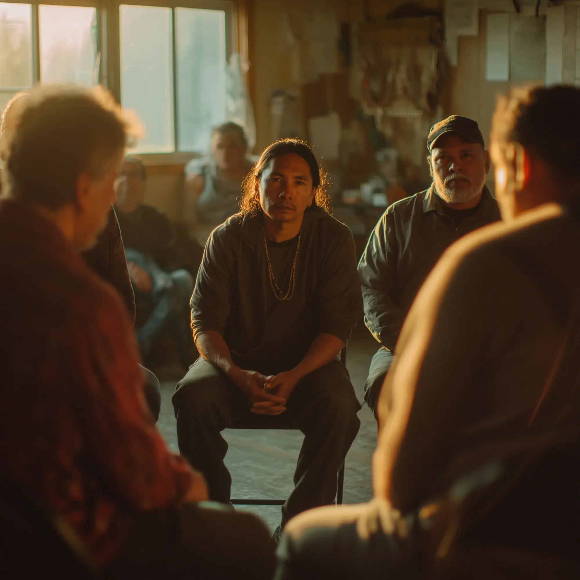 Group of people sitting in a circle during what appears to be a support group meeting, bathed in warm golden light from a window; a man with long dark hair wearing a beaded necklace sits in the center with his hands clasped, listening attentively alongside others including a man with a gray beard wearing a cap.