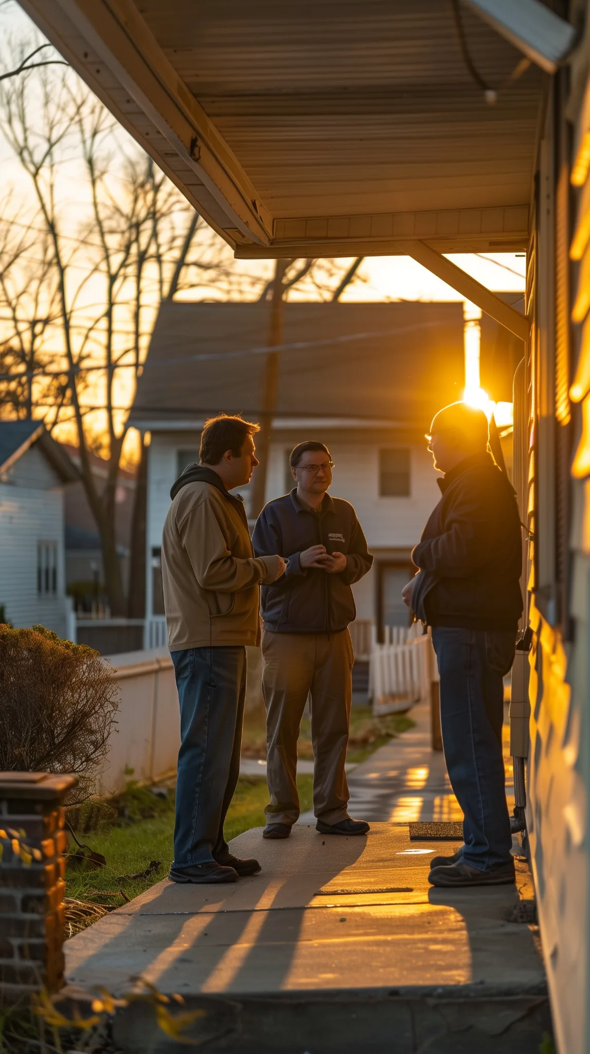 Residents of a Northern BC housing program talking outside a supportive housing building at sunset, reflecting community connection, stability, and recovery-focused support.